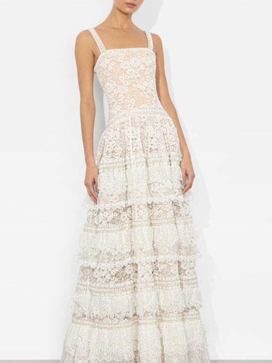 Alice + Olivia Dresses & Skirts - Alice + Olivia ZENA Off White Lace Maxi Dress Tiered Embellished Wedding Size 2